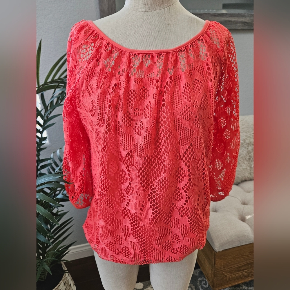 Boston Proper-Coral Orange Lace Breathable Mesh Blouse,Top Women's SZ XS